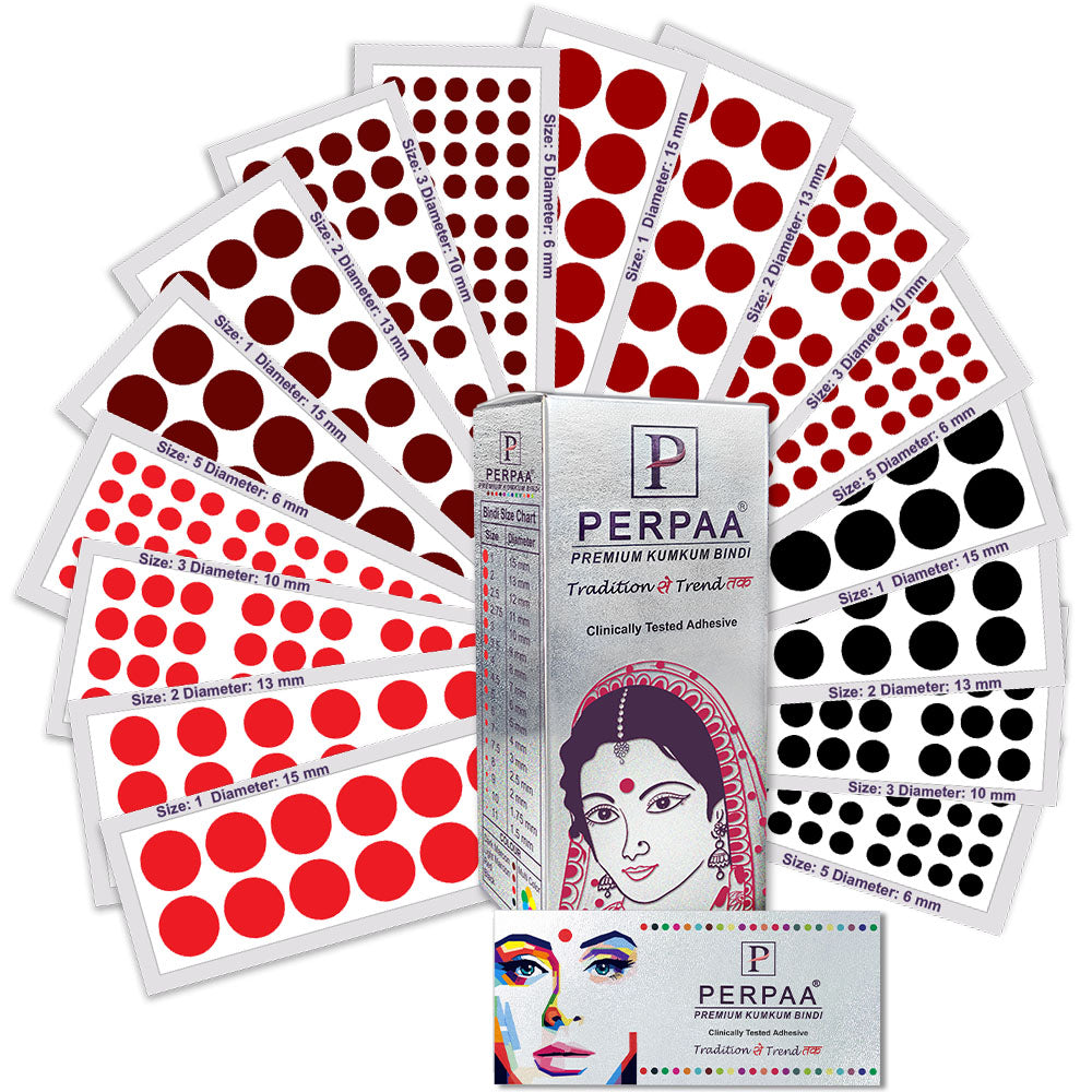 Premium Velvet Sticker Kumkum Bindi Box of 16 Flaps Multicolor, Different Size- Bindi for Women,Ladies (Size - 01-15mm, 02-13mm, 03-10mm, 05-6mm, Red, Black, Dark Maroon, Light Maroon)