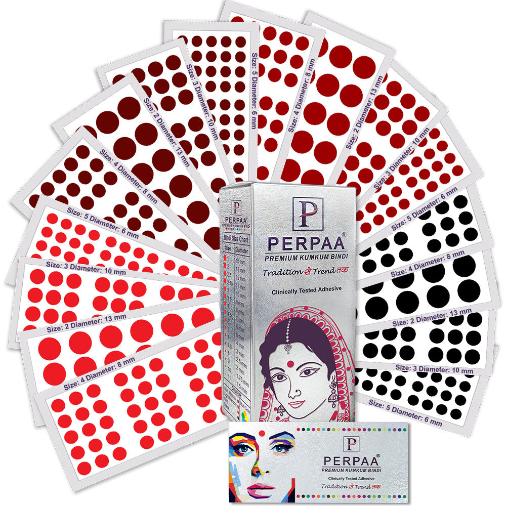 PERPAA Velvet Kumkum Bindi Pack – Traditional Red Bindis in 16 Flaps (Sizes 1 to 12)