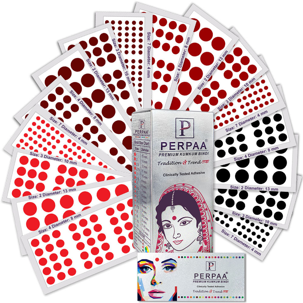 PERPAA Velvet Kumkum Bindi Pack – Traditional Red Bindis in 16 Flaps (Sizes 1 to 12)