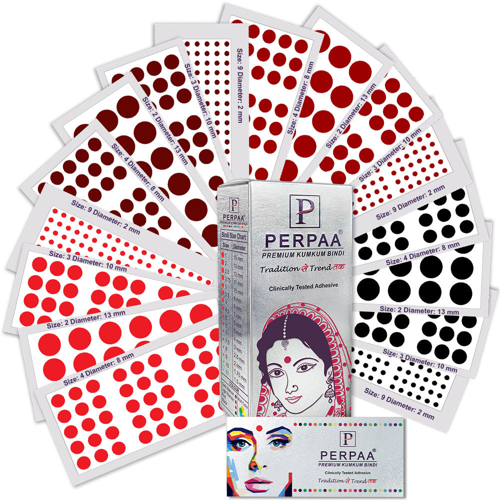 PERPAA Velvet Kumkum Bindi Pack – Traditional Red Bindis in 16 Flaps (Sizes 1 to 12)