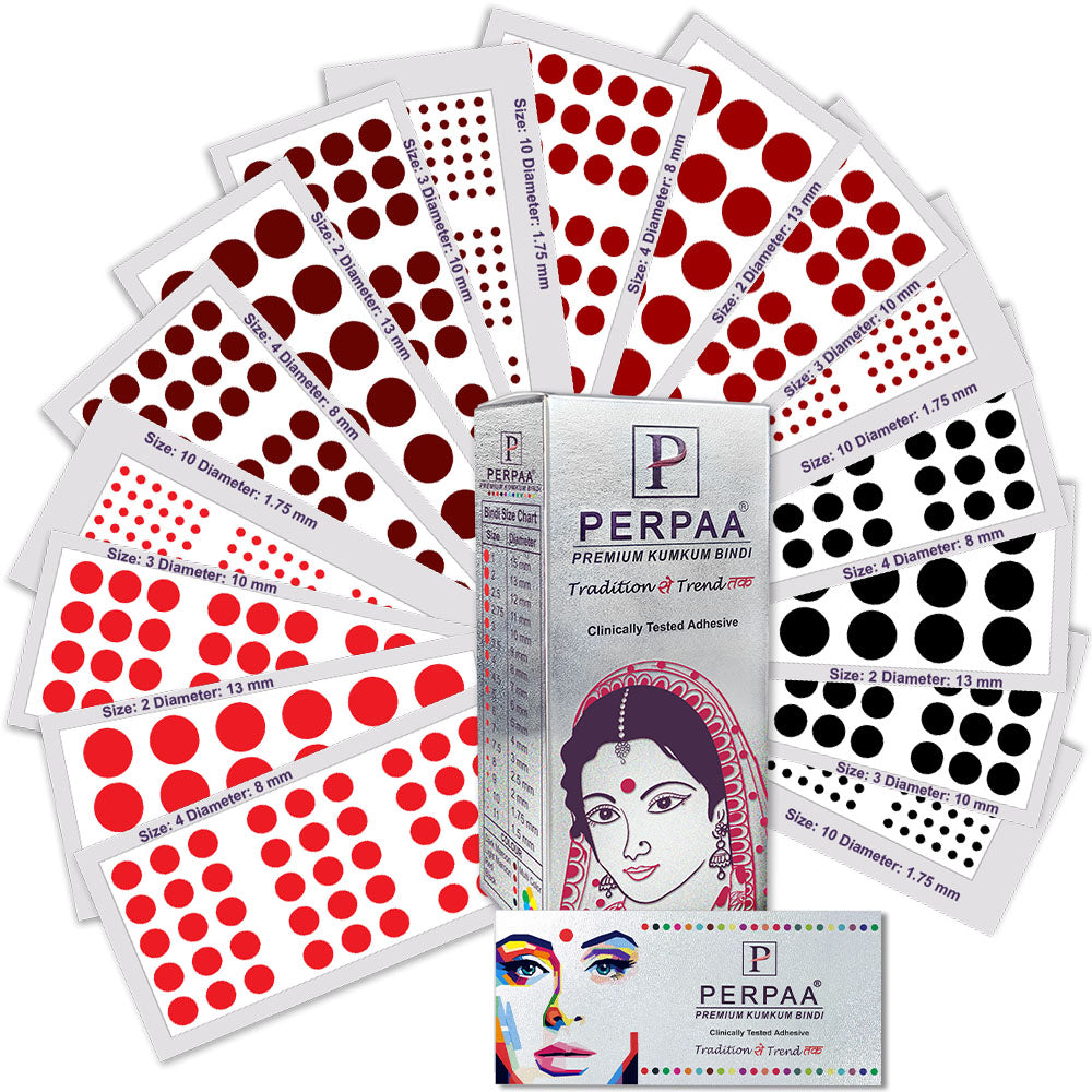 PERPAA Velvet Kumkum Bindi Pack – Traditional Red Bindis in 16 Flaps (Sizes 1 to 12)