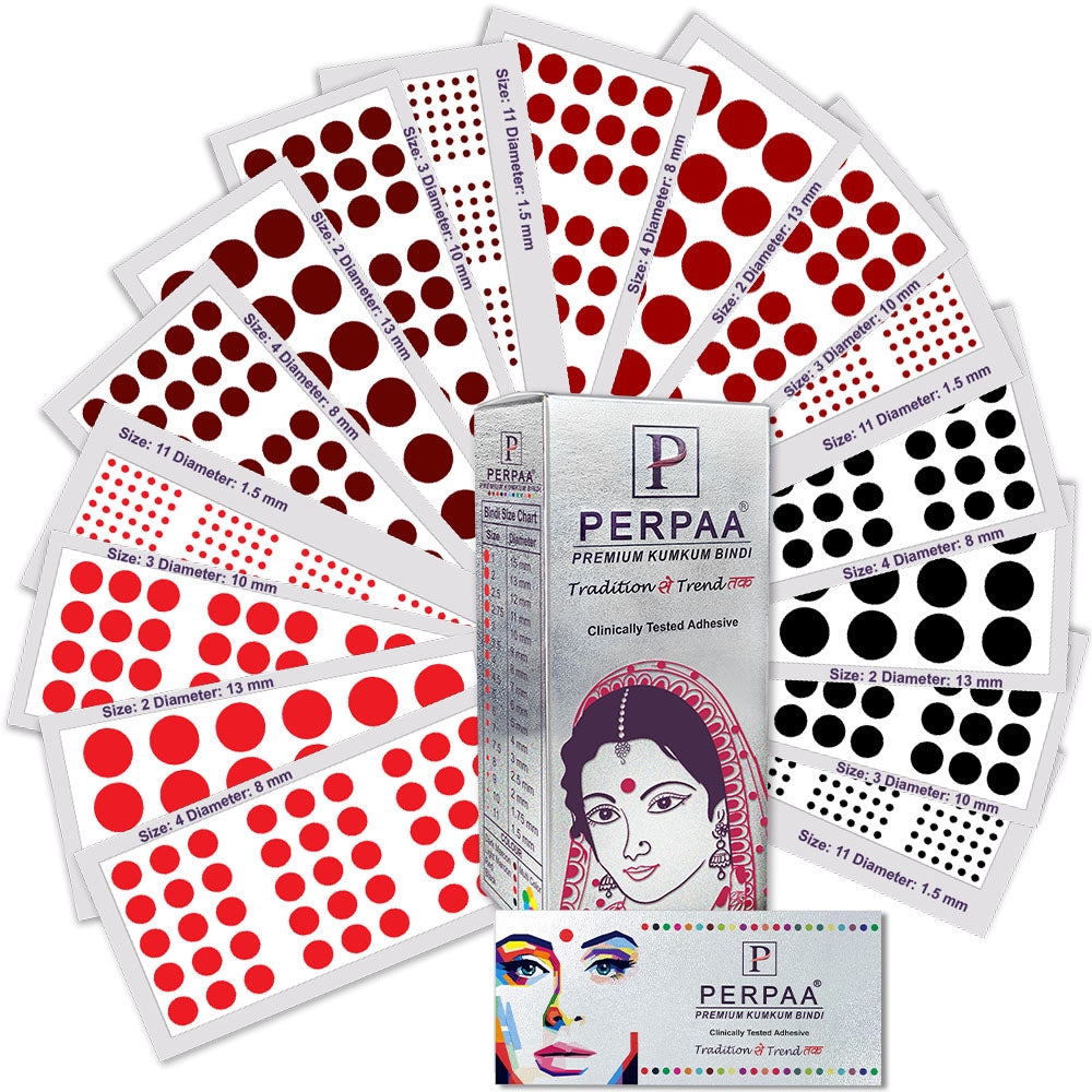 PERPAA Velvet Kumkum Bindi Pack – Traditional Red Bindis in 16 Flaps (Sizes 1 to 12)