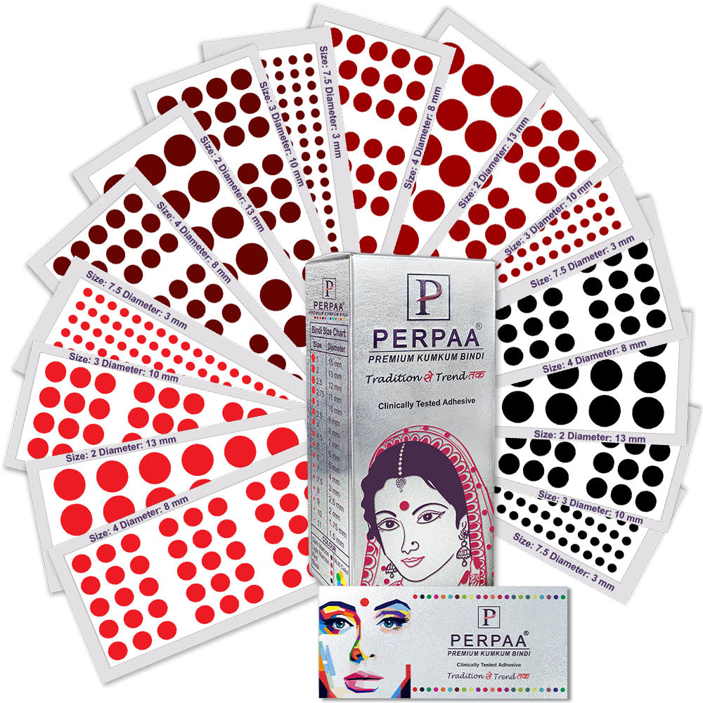 PERPAA Velvet Kumkum Bindi Pack – Traditional Red Bindis in 16 Flaps (Sizes 1 to 12)