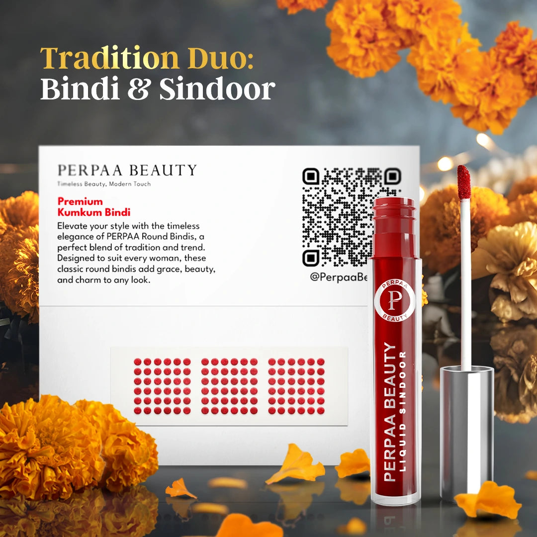 Bindi & Sindoor Combo Pack – 15 Flaps Bindi (Size 10, Red) + Liquid Sindoor