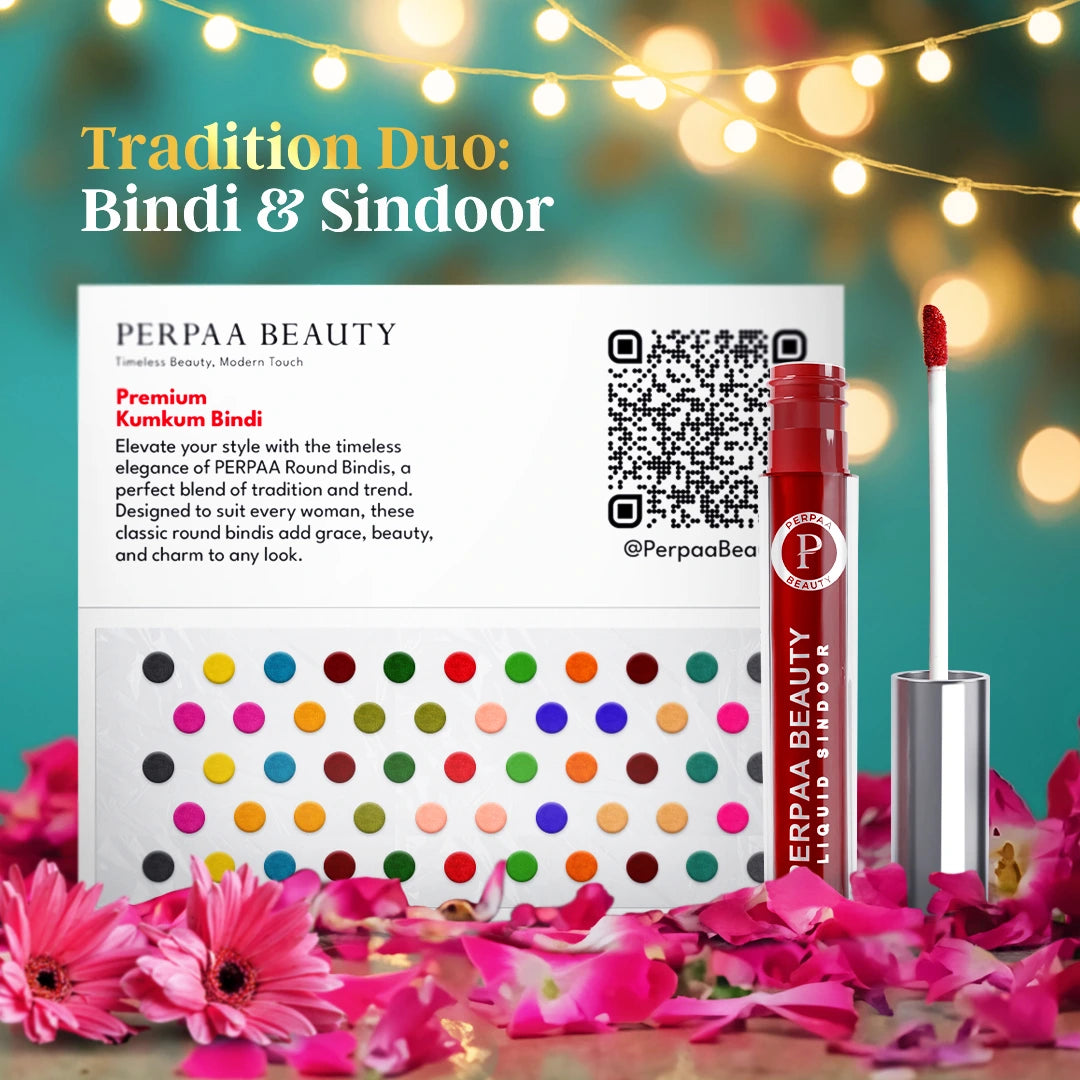 Bindi & Sindoor Combo Pack – 15 Flaps Bindi (Size 6, Multicolour) + Liquid Sindoor