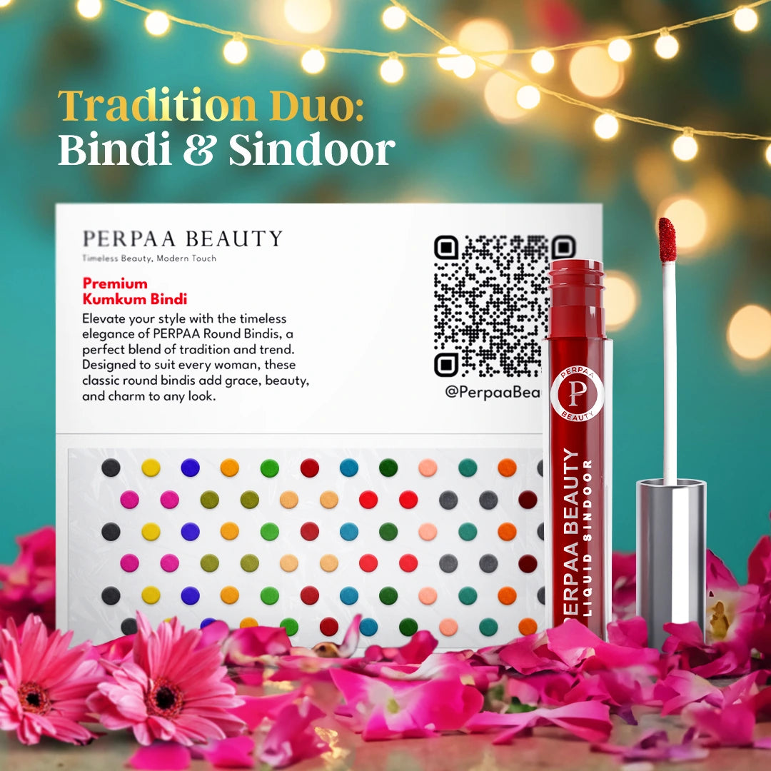 Bindi & Sindoor Combo Pack – 15 Flaps Bindi (Size 7, Multicolour) + Liquid Sindoor