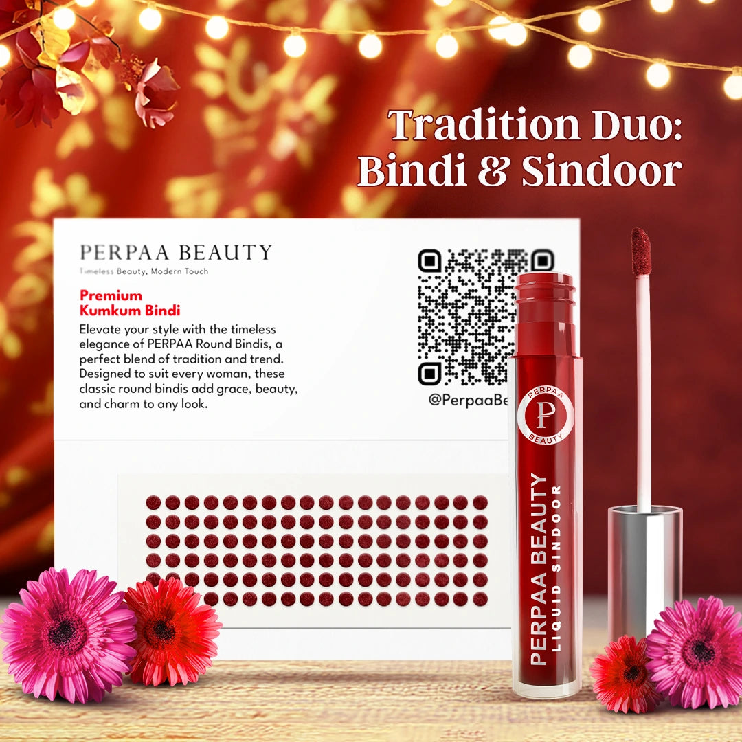 Bindi & Sindoor Combo Pack – 15 Flaps Bindi (Size 8, Dark Maroon) + Liquid Sindoor