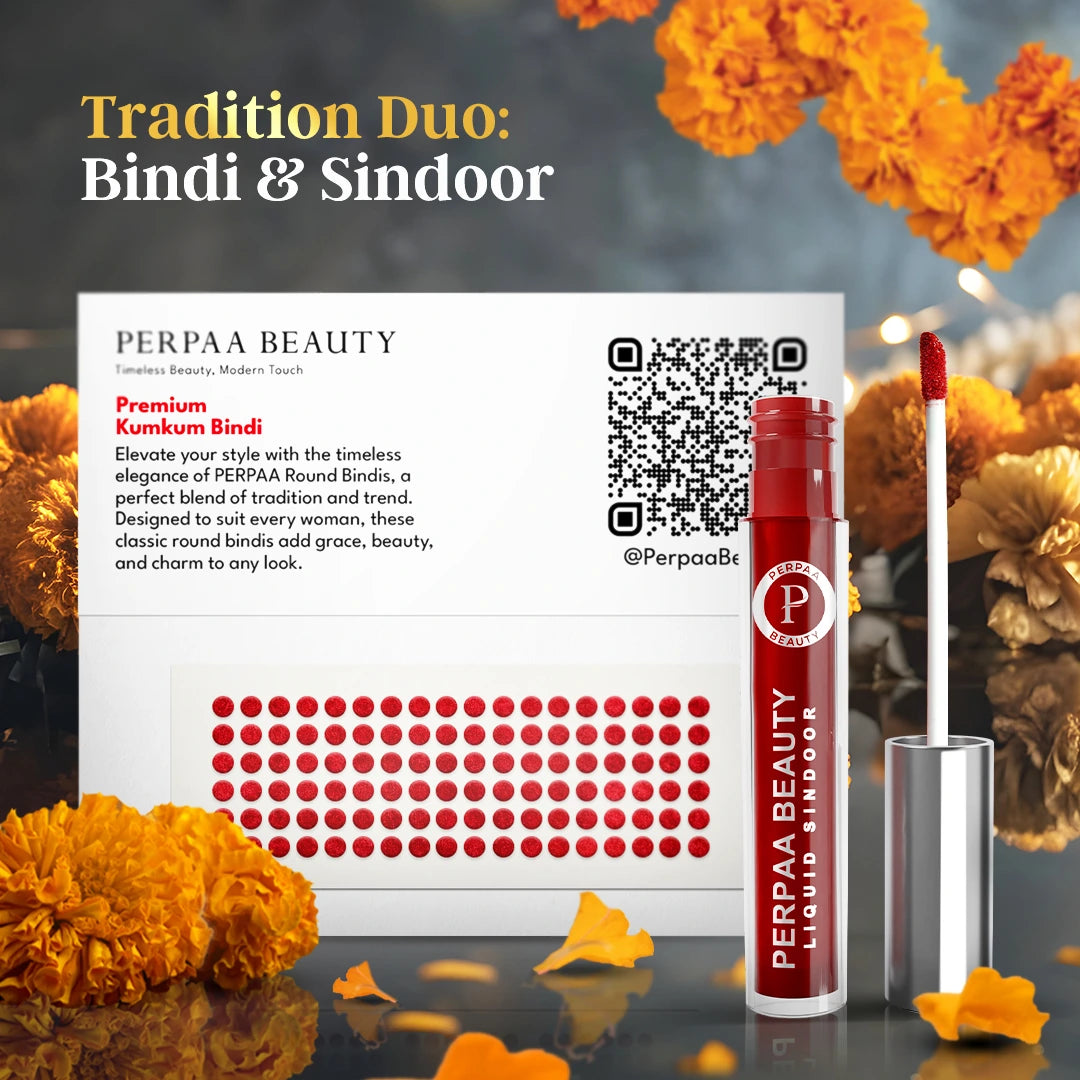 Bindi & Sindoor Combo Pack – 15 Flaps Bindi (Size 8, Red) + Liquid Sindoor