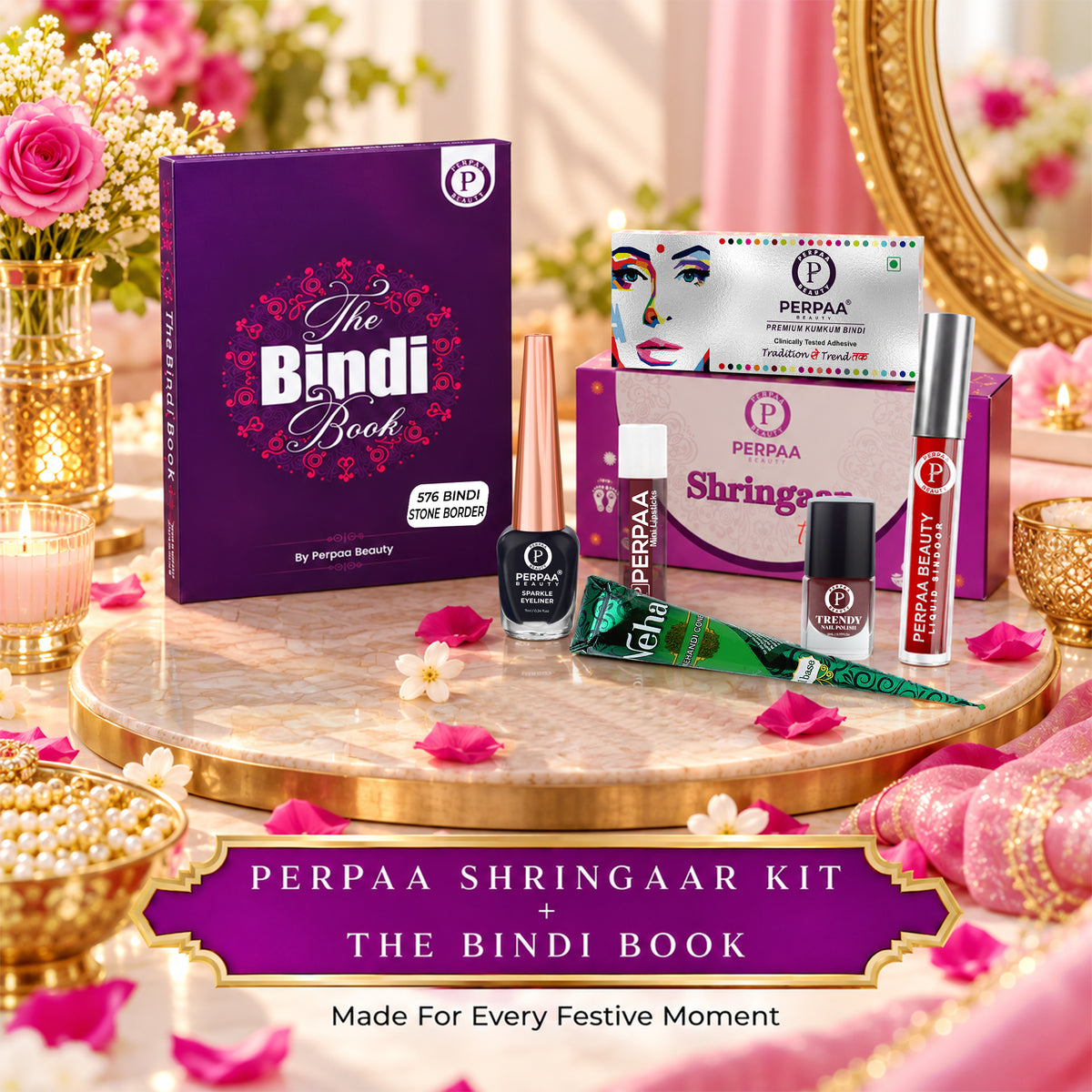 Shringaar Kit + Round Stone Border Bindi Book | Stone Bindi Beauty Combo