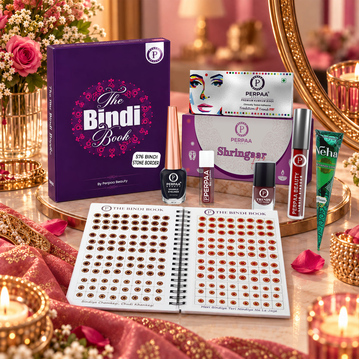 Shringaar Kit + Round Stone Border Bindi Book | Stone Bindi Beauty Combo