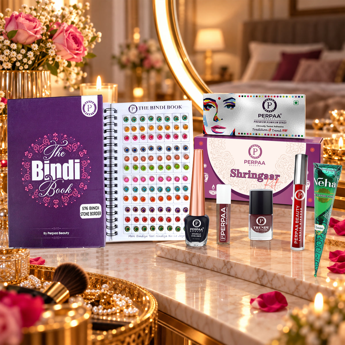 Shringaar Kit + Round Stone Border Bindi Book | Stone Bindi Beauty Combo
