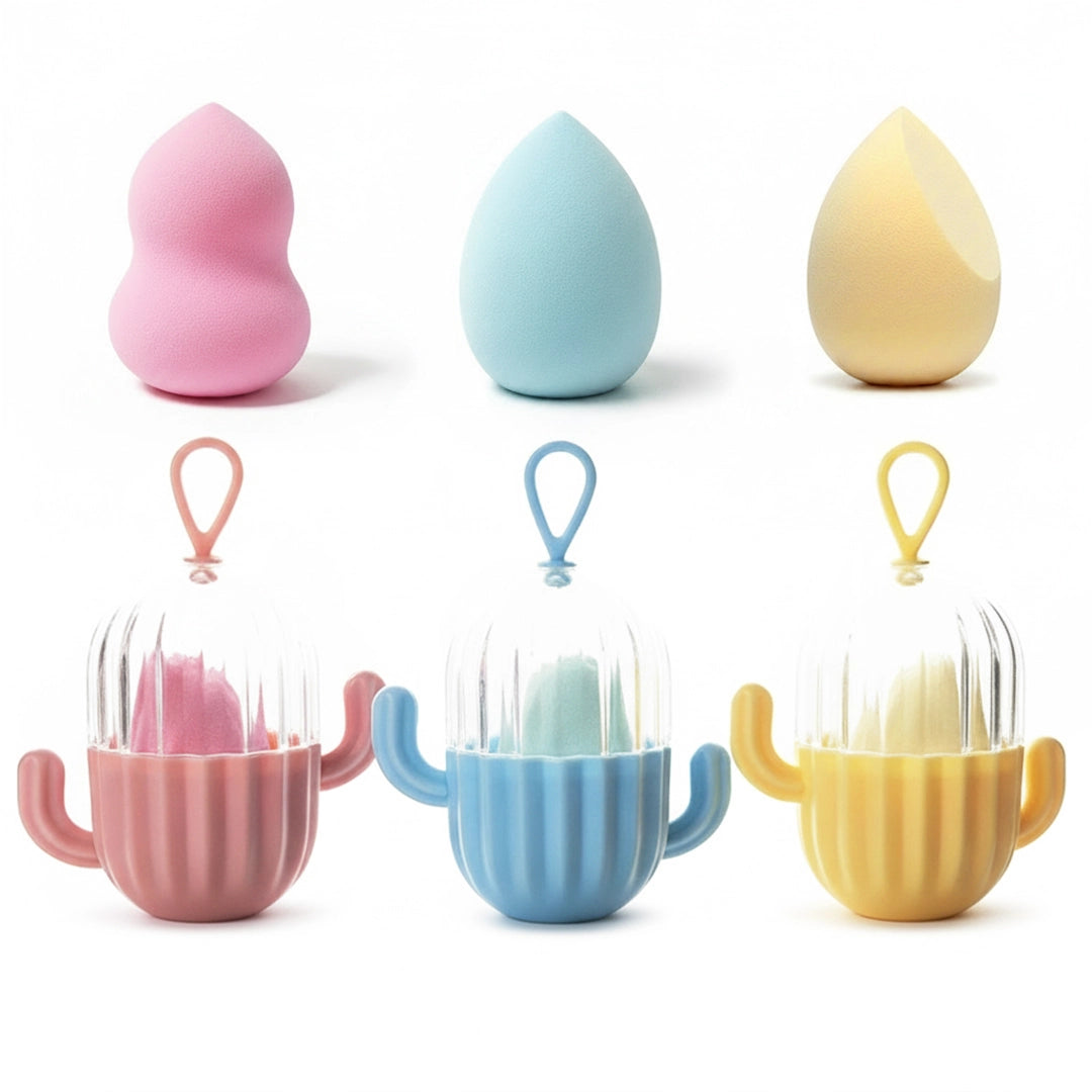 Makeup Blender Set with Cactus Storage Case- Pack of 3