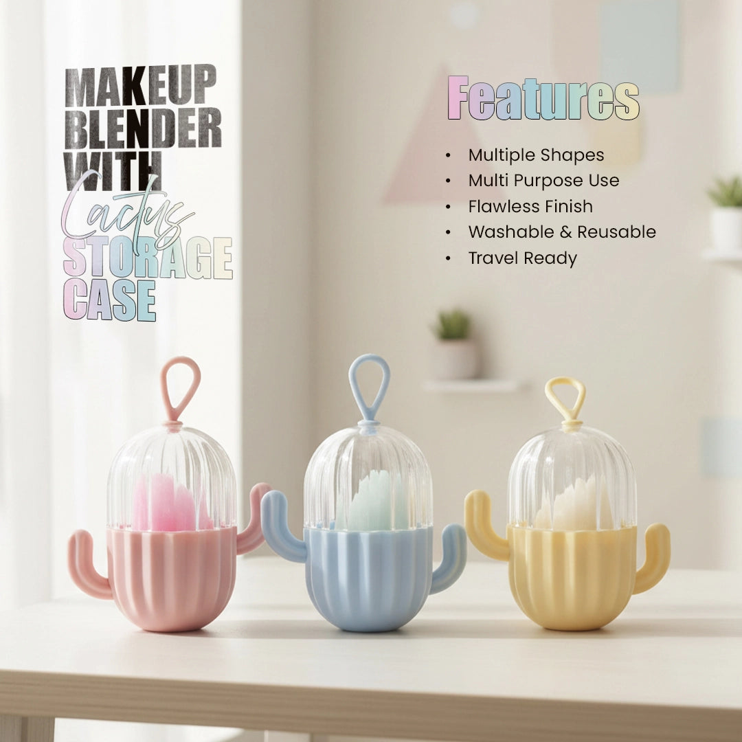 Makeup Blender Set with Cactus Storage Case- Pack of 3
