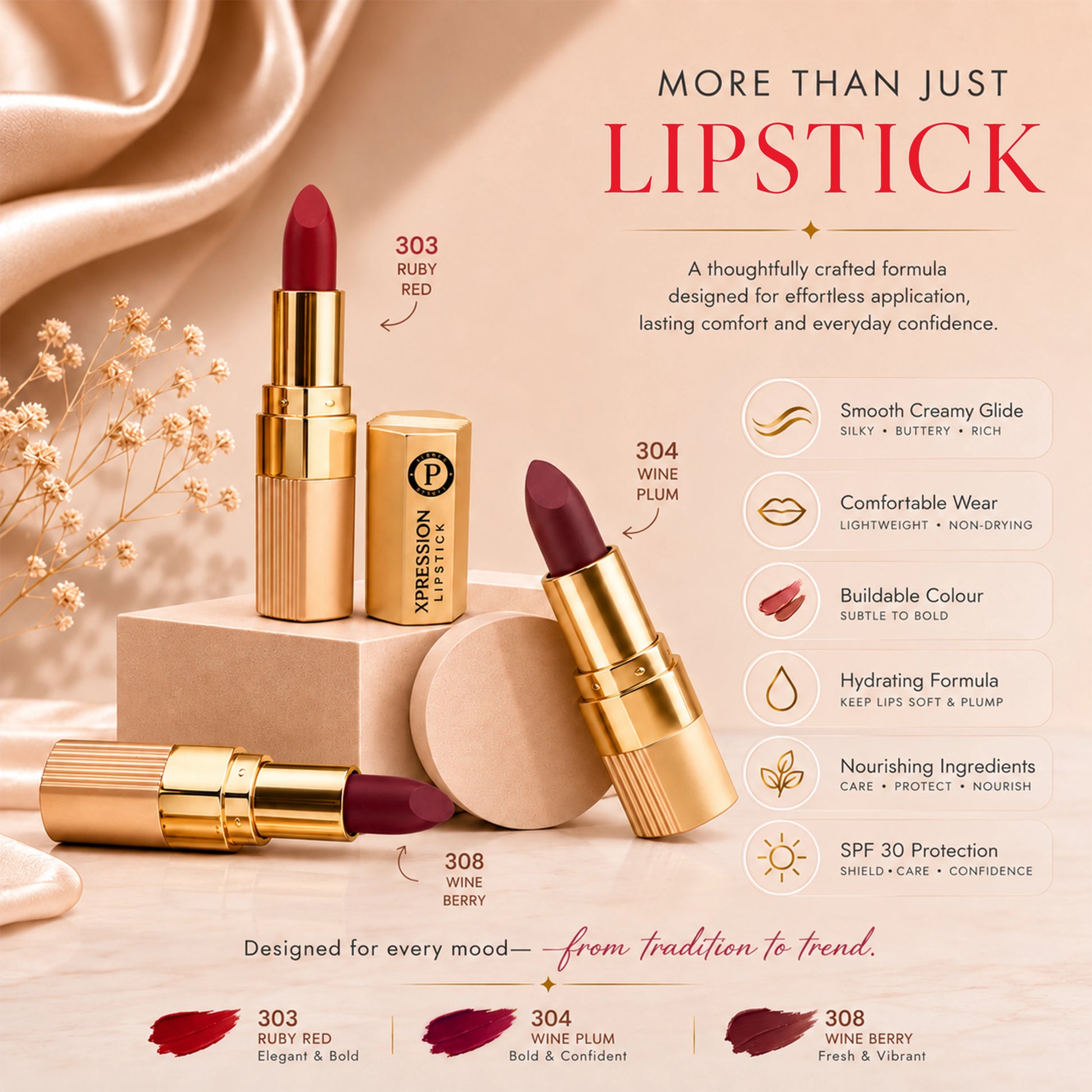 Xpression Creamy Matte Lipstick Set | Pack of 3 (Red Affair)