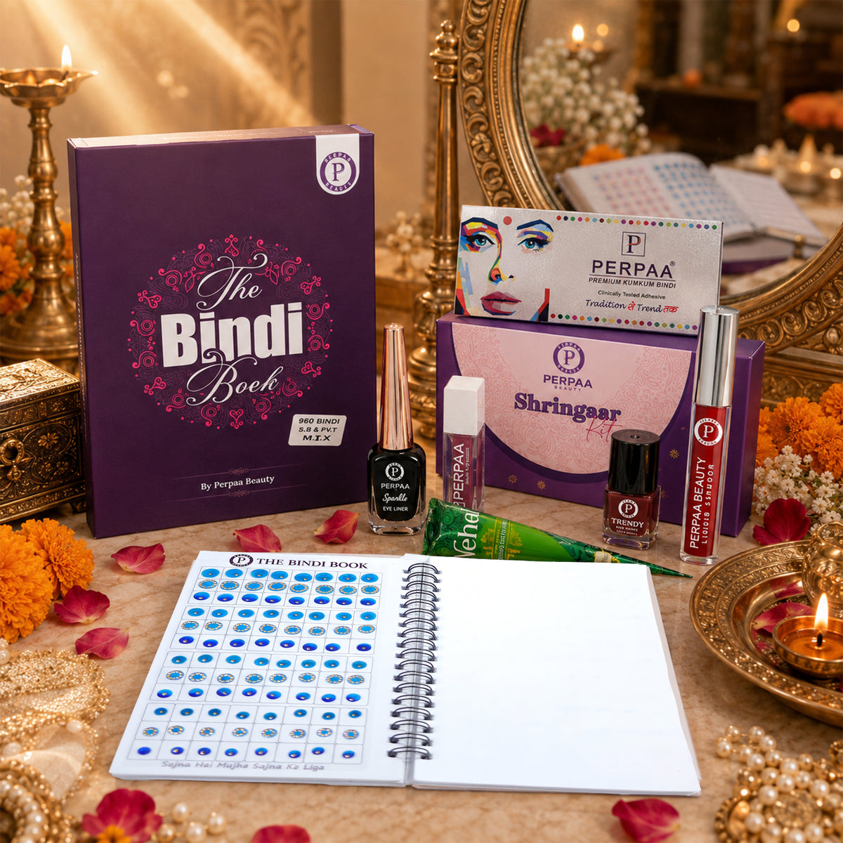 Shringaar Kit + Velvet Classic Trio Bindi Book | Premium Velvet Beauty Combo