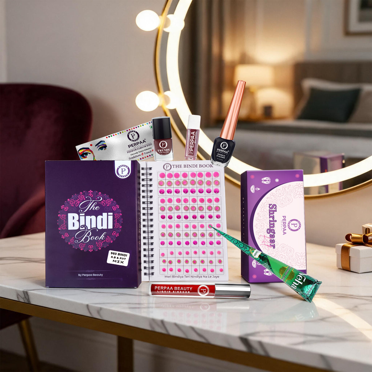 Shringaar Kit + Velvet Classic Trio Bindi Book | Premium Velvet Beauty Combo
