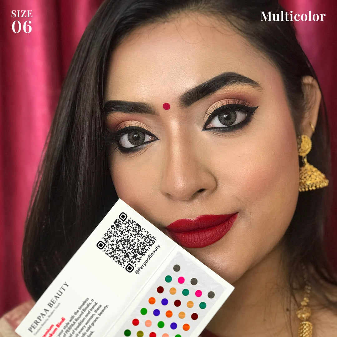 Bindi & Sindoor Combo Pack – 15 Flaps Bindi (Size 6, Multicolour) + Liquid Sindoor
