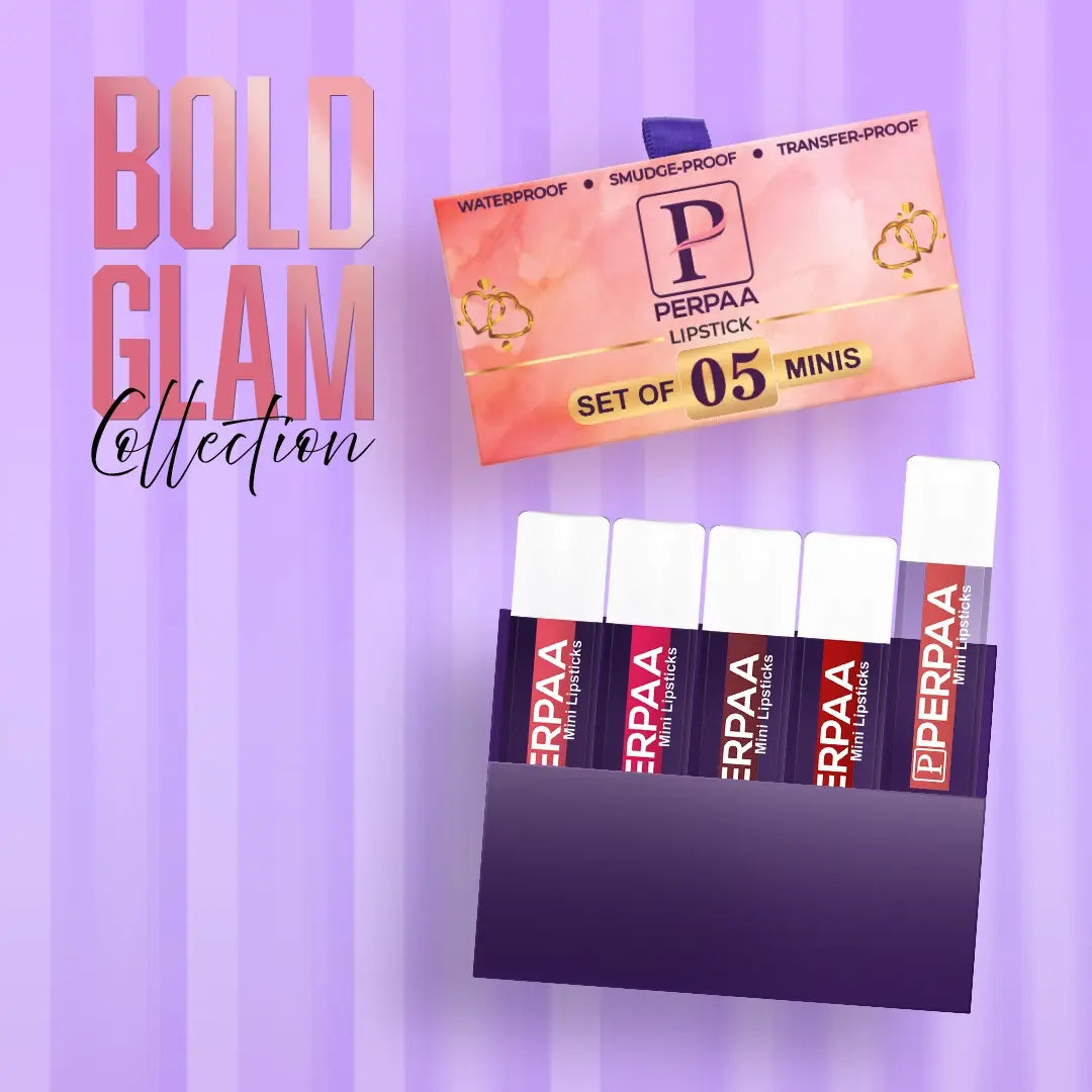 Bold Glam mini lipstick set of 5 in stylish packaging with vibrant shades for a party-ready look.